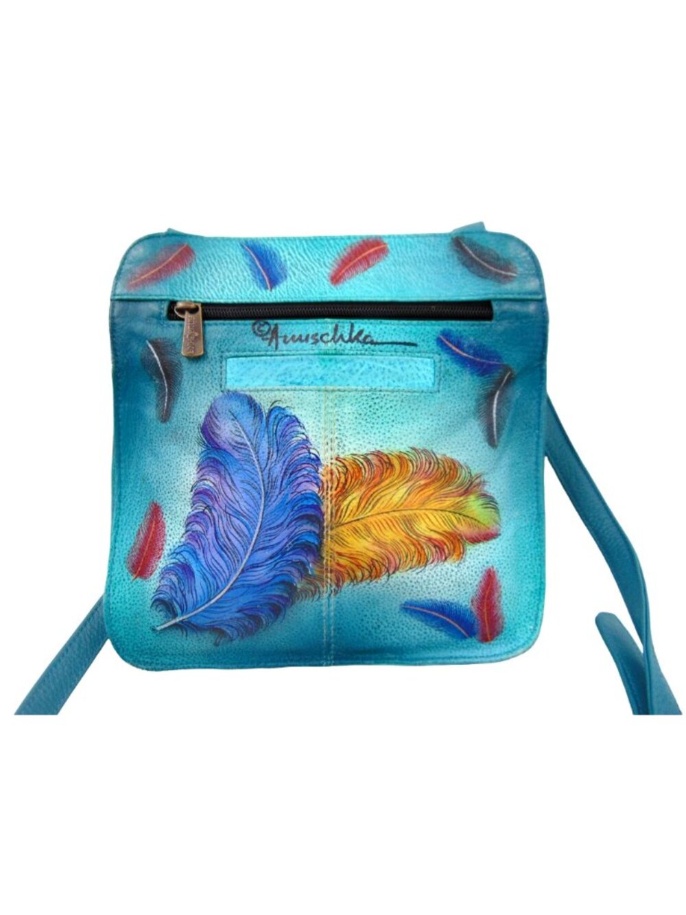 Anuschka Leather Crossbody Purse Wallet Teal Blue Feather Peacock Hand Painted - Picture 4 of 16